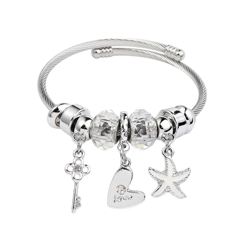 Bracciale Rigido P con Cuore Stella e Chiave Porta Fortuna in Acciaio inossidabile