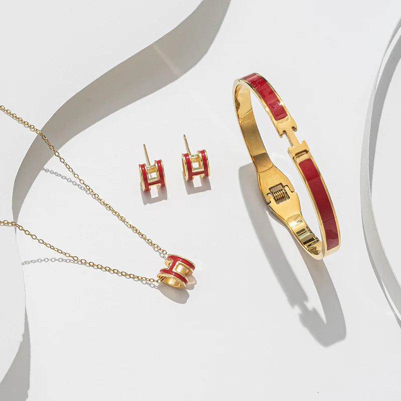 Set completo in acciaio placcato in oro 18K colore Gold/Red